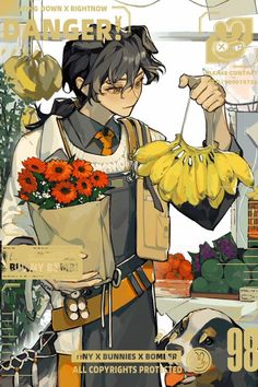 the image showcases a male character with dark hair, styled with orange streaks, in a modern anime art style. he wears a white shirt with an orange striped turtleneck underneath, a brown apron, and black pants with an orange belt. he is holding a bunch of bananas in his right hand and a bouquet of orange flowers in his left hand. he appears to be a cashier at a grocery store, evidenced by the cash register in the background. a pandacolored dog is sitting on the floor beside him, looking up at the bananas. the overall color palette is warm and inviting, with a focus on oranges, browns, and yellows. the background features various fruits and vegetables, further reinforcing the grocery store setting.  the character exudes a friendly and approachable aura, enhanced by his slight smile and the soft lighting of the scene.