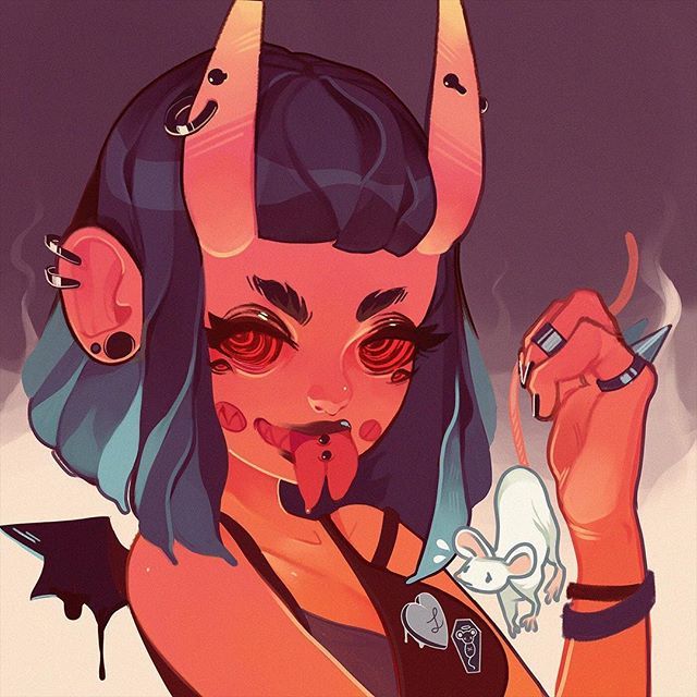 the image is a digital illustration of an anime girl with red horns, red eyes, and a tongue sticking out. she is wearing a black shirt with a pink heart and a black choker with a heart charm. she also has piercings in her ears and nose. she is holding a white mouse with her right hand. the background is a light pink with a purple gradient. the image is drawn in a kawaii style.