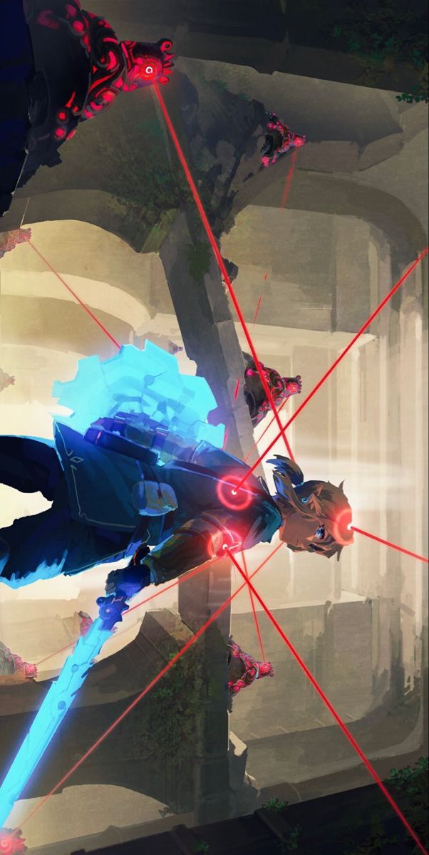 an image depicting link from the legend of zelda: breath of the wild in a dynamic action scene. he is surrounded by multiple laser beams emitted from robotic guardian enemies, who are perched atop ancient ruins. link is wielding a glowing sword and has a mechanical device attached to his back. the scene conveys a sense of danger and adventure within a fantasy environment.