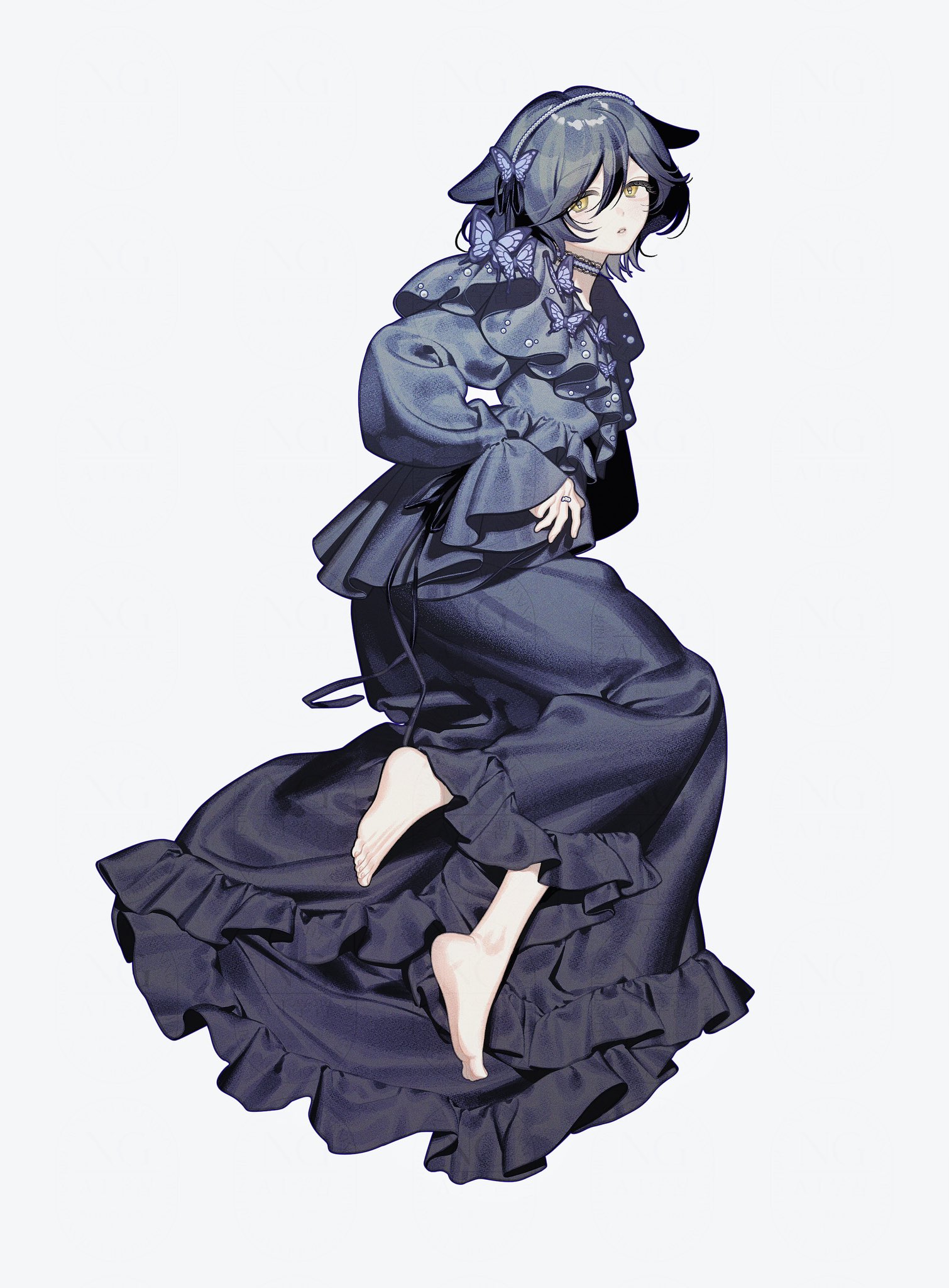 the image is a digital illustration of an animestyle girl. she has dark purple hair with catlike ears adorned with small purple butterflies.  she's wearing a dark purple, gothic lolitastyle dress with numerous ruffles. the dress is long and flows around her as if she's floating.  her bare feet are visible, and her overall posture and expression convey a sense of serenity and mystery. the art style is elegant and detailed, with a focus on soft shading and color blending. the background is a simple, light grey, drawing all attention to the character.
