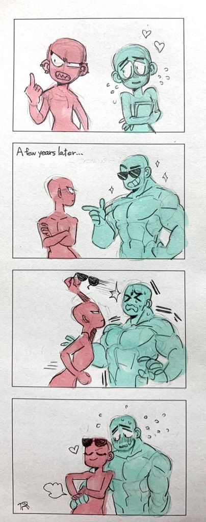 a fourpanel comic strip shows the evolution of a relationship between two cartoon men. in the first panel, both are skinny and slightly awkward.  in the second panel, both have gained muscle mass and are more confident.  in the third panel, they are playfully showing off their muscles for each other.  in the fourth panel, they are cuddling and clearly happy.  throughout the comic strip, a series of hearts and sparkles are depicted, showing that the relationship is strong and filled with love.