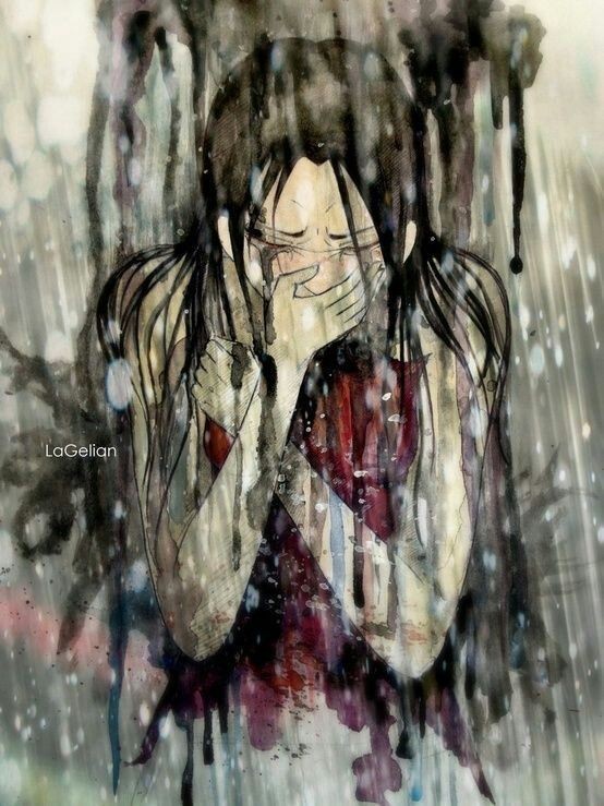 a watercolor painting of a woman crying in the rain. she is covering her face with her hands and her hair is flowing down her back. the rain is falling all around her and the painting is very abstract and emotional.