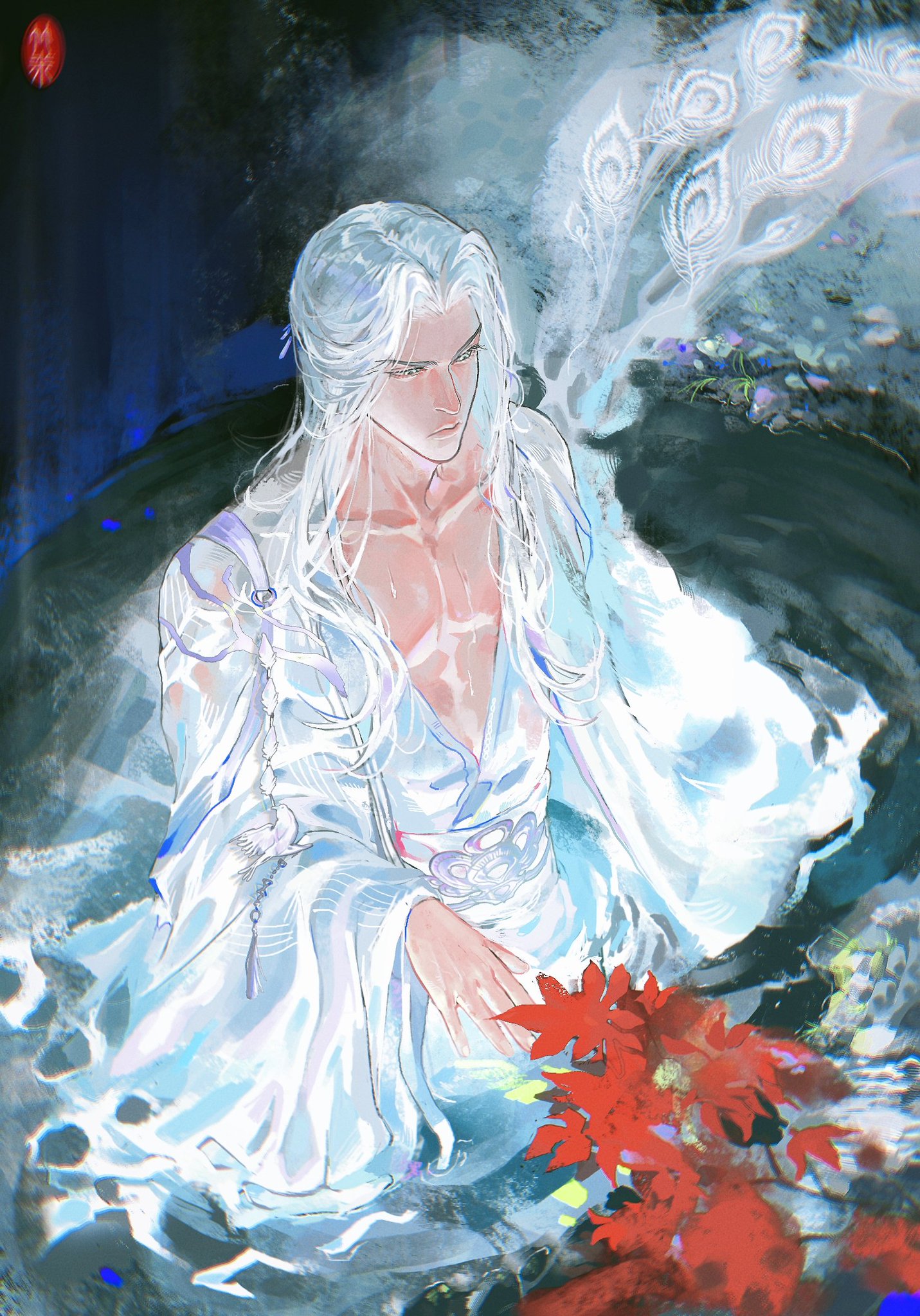 the image is a digital painting of a young man with white hair and a white robe. he is sitting in a stream of water and there are red flowers around him. there is a peacock feather behind him.  the image is in an anime style and is a very detailed work of art.