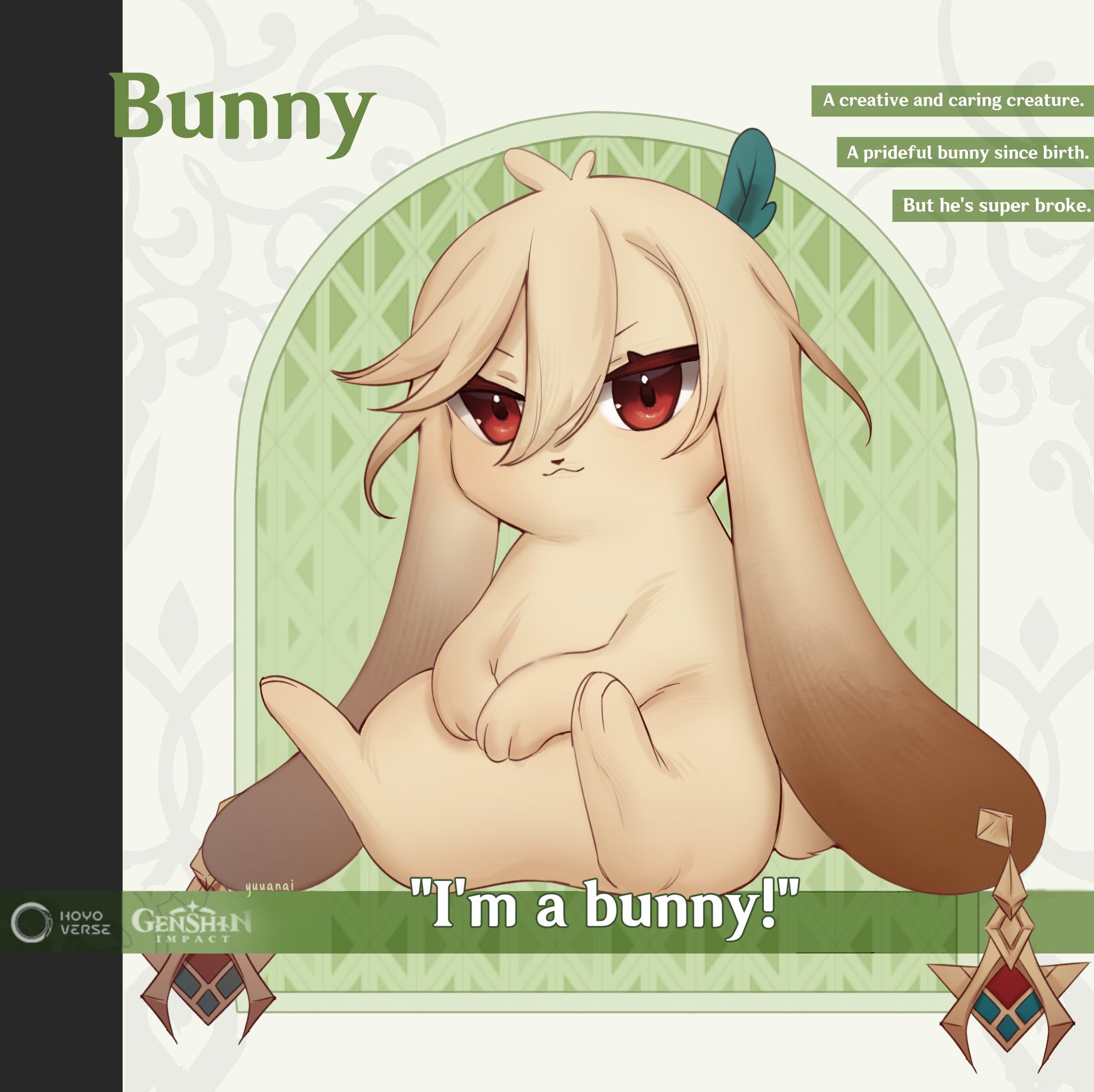 this is an illustration of a cute bunny character from the video game genshin impact. the character has big red eyes, blonde hair, and is sitting in a pose that suggests a bit of mischief. the background is a green, decorative pattern, and there is a caption below the image that reads "i'm a bunny!"