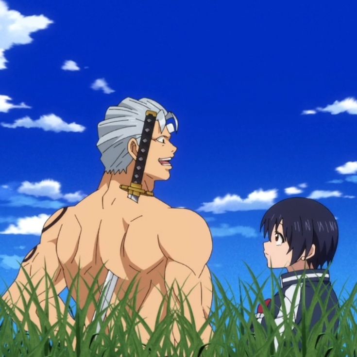 a muscular man with silver hair and a sword strapped to his back smiles happily while standing in a grassy field with a surprisedlooking young boy. the man is shirtless, revealing tribal tattoos on his arm and chest. the bright blue sky behind them is dotted with fluffy white clouds.