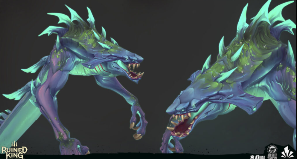 a digital 3d model of a fantasy monster from the game "ruined king: a league of legends story". the model is blue and green with sharp claws and teeth. it is in a menacing pose and is ready to attack. it is a video game character from the popular online game league of legends.