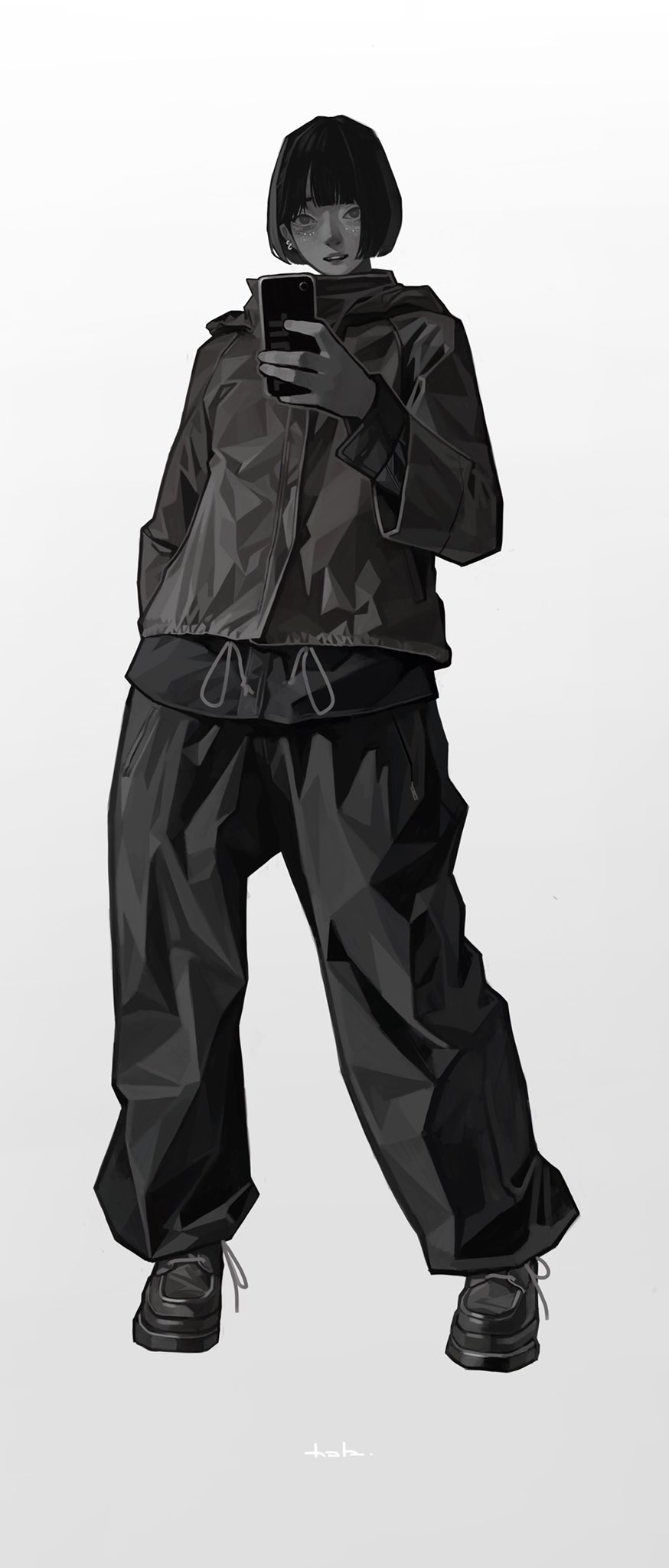a stylized grayscale illustration of a young woman standing and looking at her phone. she is wearing a darkcolored jacket and pants, and black shoes. the style is minimalist and modern, with a focus on geometric shapes and shadows. the background is white.