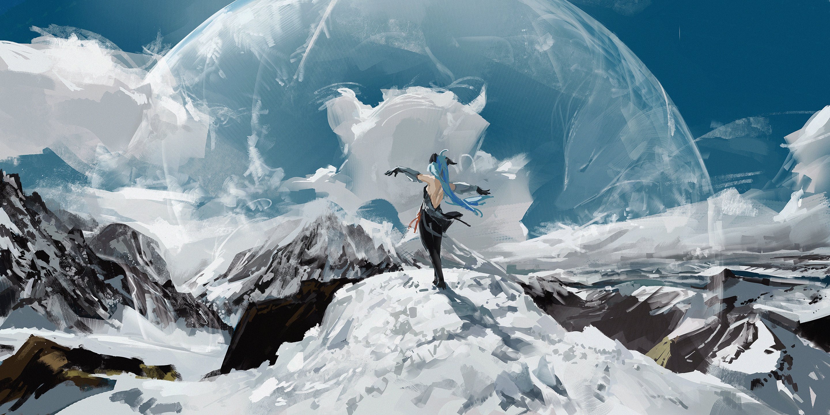 a digital painting depicts a woman with long blue hair standing on a snowy mountain peak, arms outstretched.  she appears to be within or protected by a large, translucent domelike shield. the background showcases a vast, snowy mountain range under a bright, clear sky. the style is painterly and expressive, utilizing visible brushstrokes to create a sense of atmosphere and depth. the overall mood is one of serene isolation and perhaps fantasy or magical protection.
