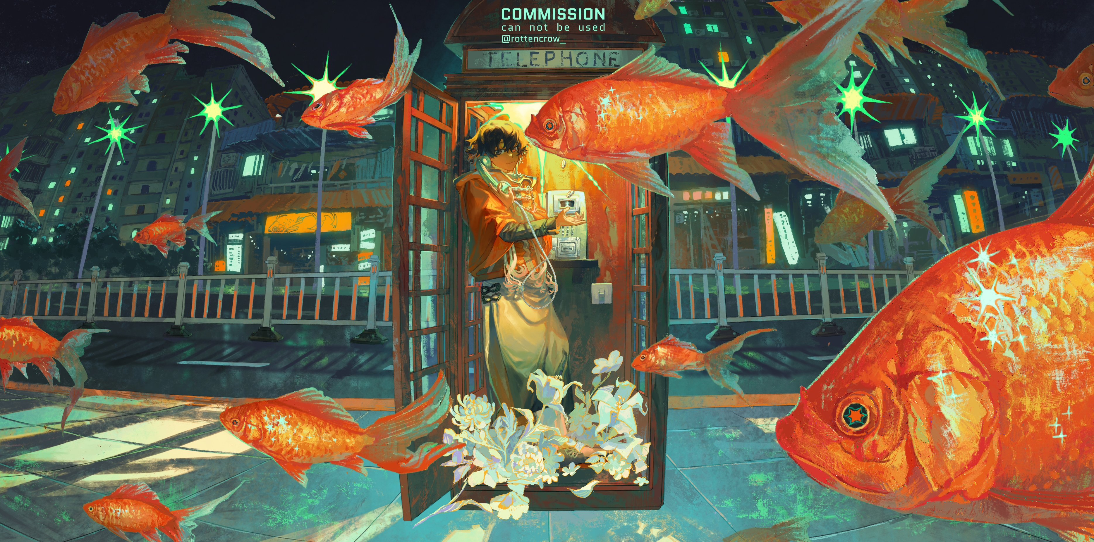 this surreal digital illustration features a phone booth set against a nighttime cityscape. the scene is populated with numerous goldfish, some swimming in the water reflected on the street, and others seemingly suspended in the air, their fins touching the walls and windows of the buildings. one large goldfish is facing the viewer, its eye shining with a green glow, and its body covered in a shimmering pattern of lights. in the phone booth, a person is seen using the phone, their figure almost blending with the orange and yellow tones of the surrounding environment. the overall composition creates a dreamy and whimsical atmosphere, merging elements of reality and fantasy. the glowing lights of the city and the vibrant colors of the fish create a mesmerizing contrast with the dark background, making the scene both captivating and unsettling.