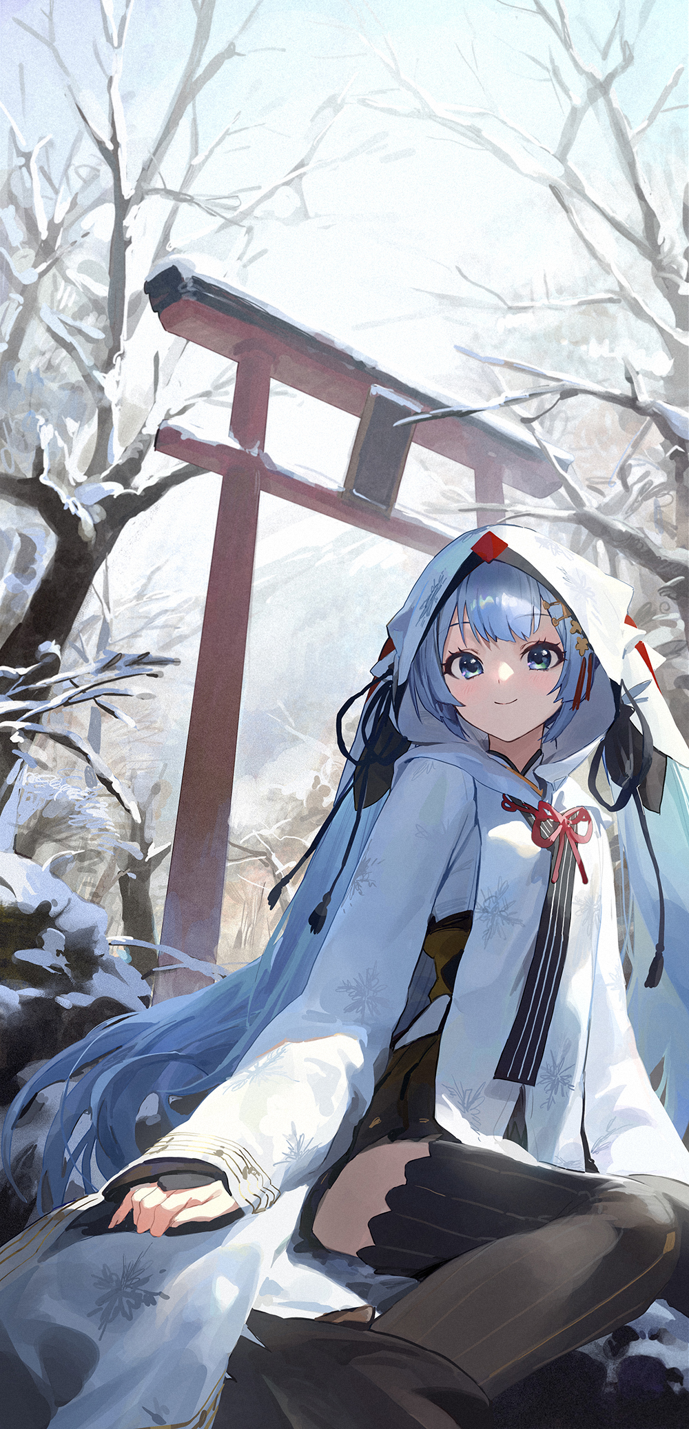 a bluehaired anime girl with bright blue eyes is depicted sitting on a rock in a snowy forest. she wears a white kimonostyle outfit with snowflake patterns and a matching hood. her long hair cascades down her front, and a serene smile graces her face. behind her, a traditional red torii gate peeks through the snowladen branches, hinting at a path deeper into the forest. the soft, natural lighting and the low angle create a peaceful and inviting atmosphere.