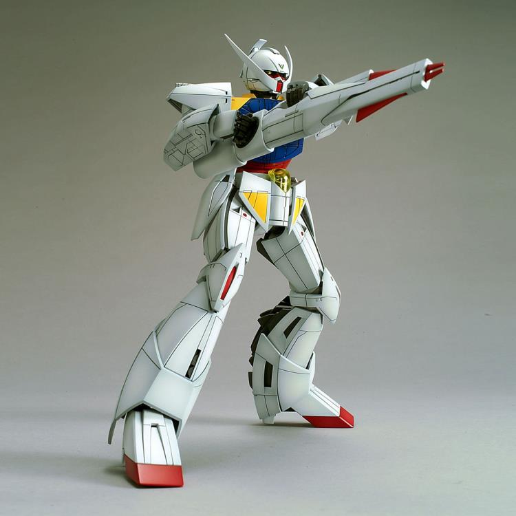 a plastic model kit of the iconic rx782 gundam from the mobile suit gundam anime series, meticulously built and painted, stands against a neutral gray backdrop. the gundam is posed dynamically, its right leg forward in a combat stance as it aims its beam rifle. the soft lighting emphasizes the model's details and the clean, white and blue color scheme.