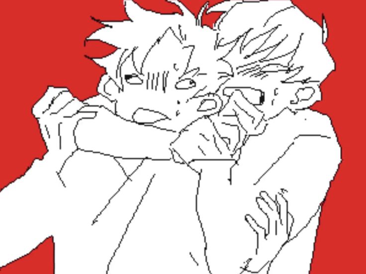 the image depicts a drawing of two anime boys embracing each other. they are drawn with white outlines on a red background. the boy on the left is holding the other boy around the waist. the boy on the right is holding the other boy around the neck. both boys have their eyes closed and their mouths are open, as if they are about to kiss. they both look very happy. the