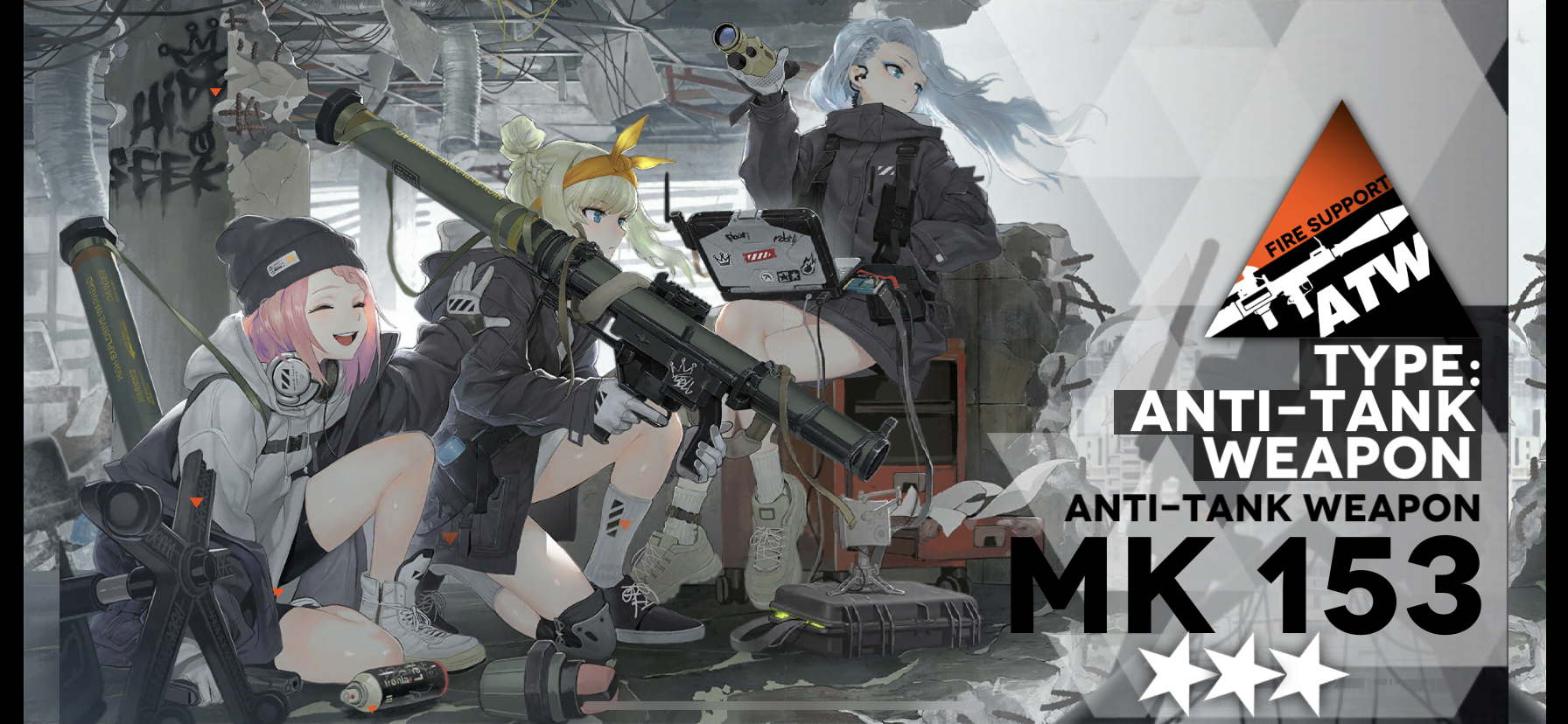 the image features a digital illustration of three animestyle female characters in a  postapocalyptic urban environment. the environment is characterized by debris, muted colors, and a sense of abandonment. the characters are equipped with futuristic attire and weaponry, most notably a large antitank weapon labeled "mk 153". the scene is dimly lit, with artificial light sources casting a spotlight effect on the characters and weapon, creating a sense of drama and action.