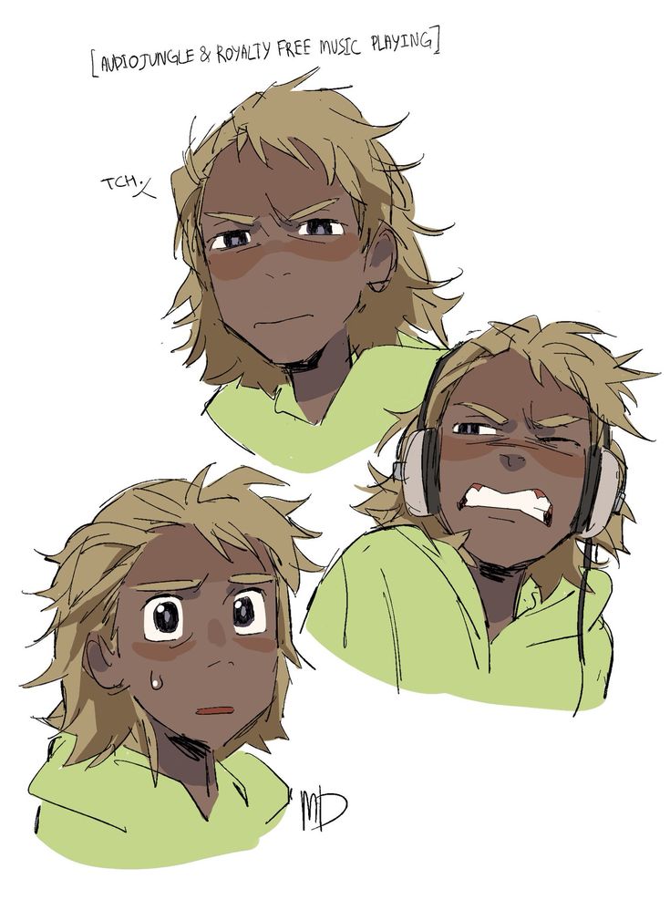 a digital illustration of three anime characters. the top character has blonde hair and is wearing a light green hoodie and is looking down with a frown on their face. the middle character is wearing a light green hoodie and headphones, looking down with a frown, and their mouth is open. the bottom character is wearing a light green hoodie, looking up with a neutral expression, and has a bead of sweat running down their face. all three characters have brown skin and are facing slightly to the left. the illustration is in a cartoon style.