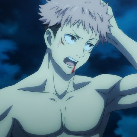 a closeup portrait of a young man, likely an anime character, with short pink hair and visible scars on his face. he appears surprised or shocked, with his hand on his head and his mouth open. there's a small amount of blood trickling from the corner of his mouth, and he appears shirtless, revealing a muscular physique. the background is dark and blue, suggesting a nighttime setting. the overall lighting is dramatic, highlighting the character's expression and injuries.