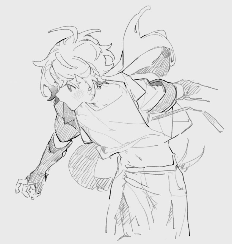 this is a sketch of an anime character. it's a male character with a very dynamic pose. he has long, curly hair and is wearing a loose fitting jacket. he is shown with his arm extended as if he is reaching for something or striking a pose.  the drawing is done in pencil and is in a realistic style.