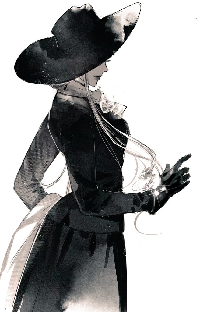 a digital art sketch of an anime girl with long hair in a black hat,  black gloves and a black jacket,  illustrated in monochrome.