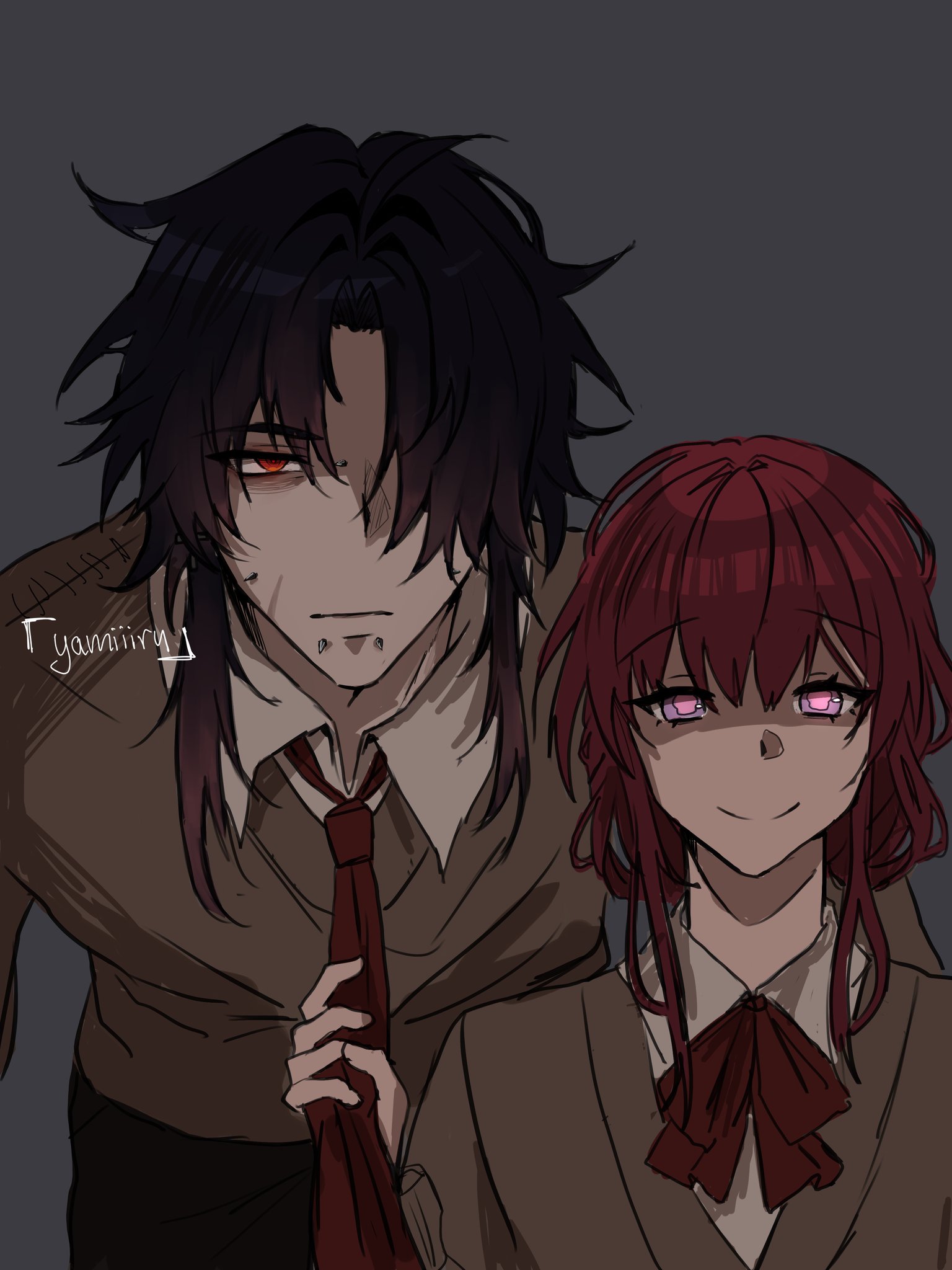 the image depicts a young anime couple standing close together. the boy, who has black hair and red eyes, is wearing a brown jacket and tie, and has a serious expression. the girl, who has red hair and purple eyes, is wearing a brown school uniform, has a small smile on her face and looks slightly down. the background is a dark grey.