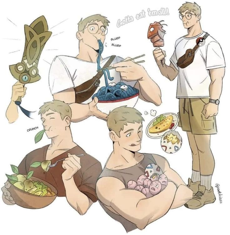 this is a cartoon illustration of three men enjoying various foods. the first one is eating blue noodles, while the second one is eating a salad, and the third one is holding a bunch of pokemon eggs in his hand. all three men are smiling and enjoying their meals. the illustration is in a humorous style, with exaggerated features and playful expressions. the art style is modern and vibrant, with bold colors and clean lines. this illustration is perfect for anyone who loves cartoon art, pokemon, and delicious food.