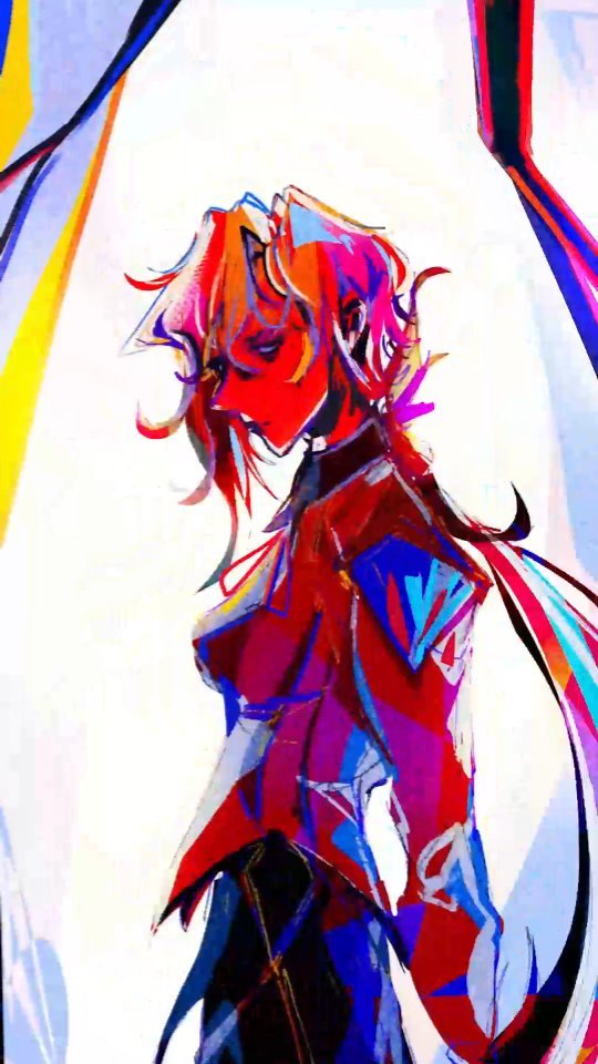 the image is a vibrant piece of digital anime art featuring a stylized female character. she is depicted in a dynamic pose, her body turned slightly away from the viewer, her head tilted slightly upward. her hair is a mixture of red, pink, and purple, flowing dramatically, almost like a flame. the character is dressed in a striking outfit composed of bold colors; primarily reds and purples, with hints of blue and yellow. the clothing is abstract and stylized, with sharp lines and forms, creating a sense of movement and energy. the background features flowing, abstract shapes in complementary colors, enhancing the overall dynamic and abstract nature of the artwork. the artwork style is highly expressive, utilizing bold colors and brushstrokes to create a vivid and slightly surreal atmosphere. the character's expression is subtle, adding to the overall mysterious quality of the image. the piece overall is visually stunning and highly suggestive of a modern, expressive artistic style that merges fantasy with a more abstract and emotionally charged aesthetic.