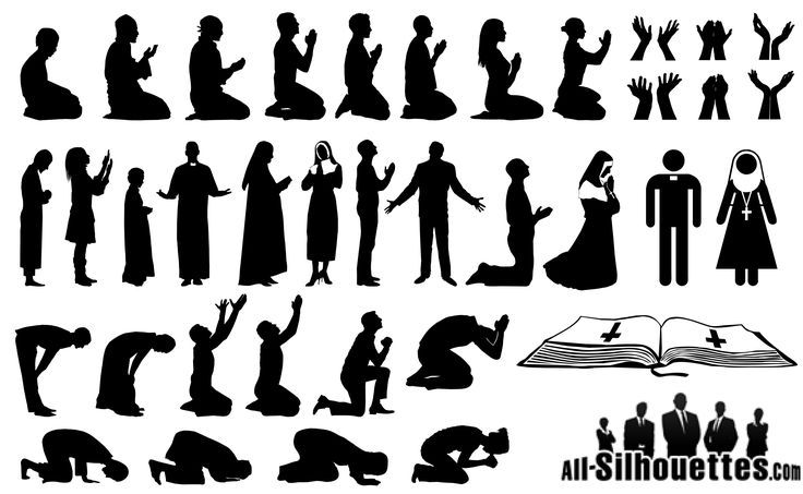 the image is a collection of black and white silhouettes depicting people in various praying positions. some are kneeling, while others are standing. they are all facing different directions and some are holding their hands together in prayer. there is also a silhouette of a bible.  the image is set against a white background and is wellsuited for use in religious or spiritual contexts. it could be used in a variety of ways, such as in a church bulletin, on a website, or in a social media post.