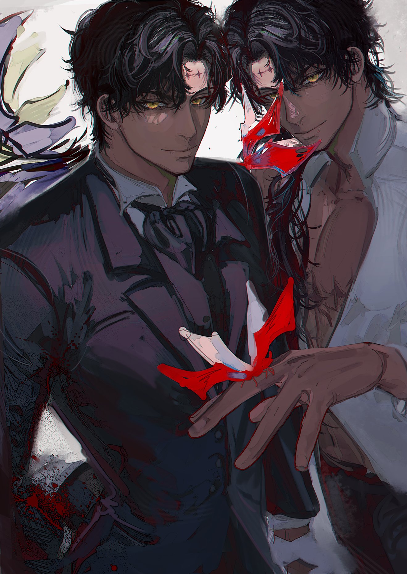 two anime boys wearing suits and a red mask, one with a black suit and the other wearing a white buttondown shirt. they have black hair, black eyes and scars over their eyebrows. they're looking at the camera and the boy in the black suit is holding a red, bloody object.