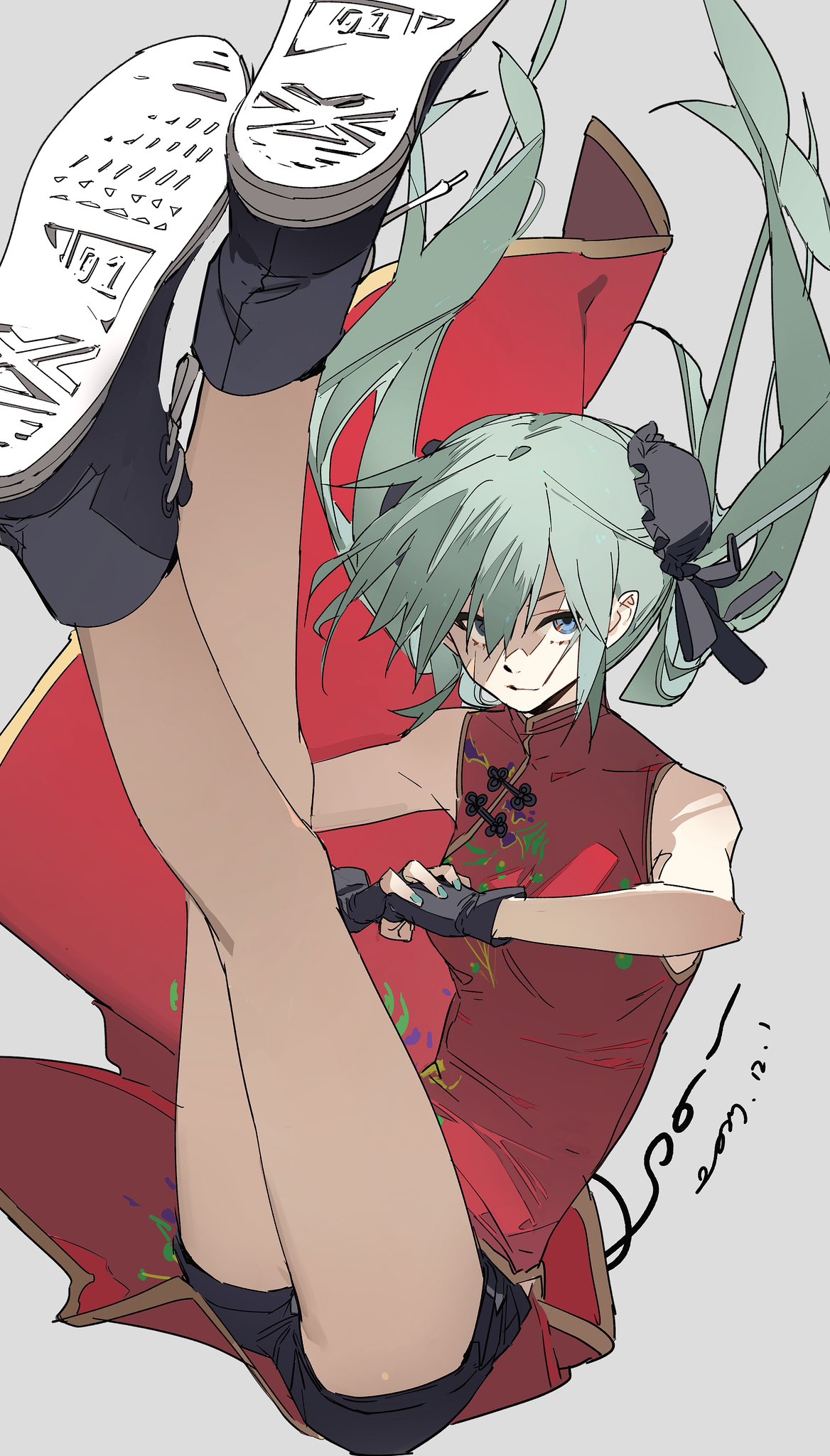 an animestyle illustration depicts hatsune miku upside down, wearing a red dress, black gloves, and sneakers. her blue hair flows downwards, and she has a playful expression.