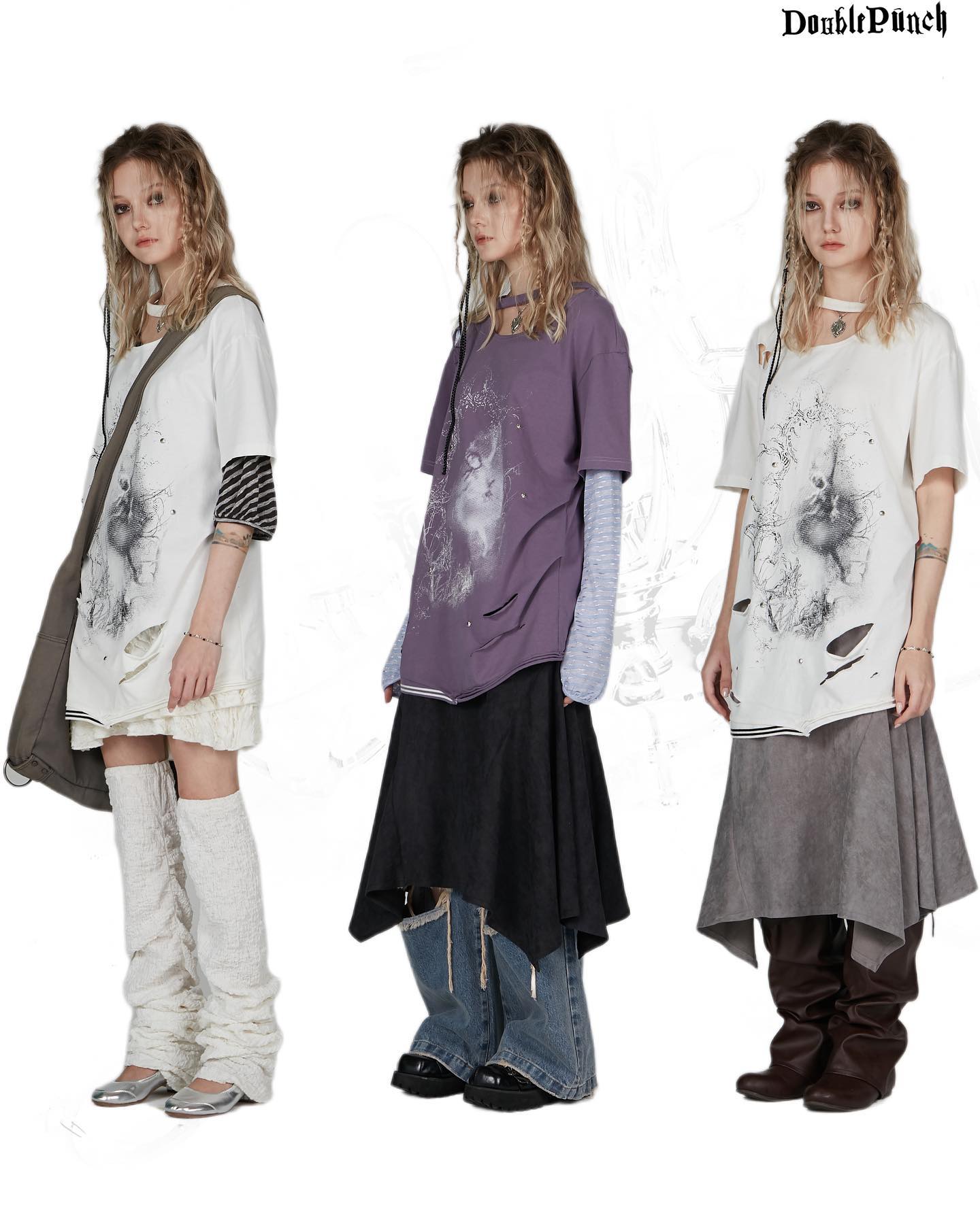 the image showcases three female models, each dressed in a unique outfit from the double punch brand.  the outfits share a common theme of distressed shirts with graphic prints and layered skirts. each model is styled differently, featuring variations in shirt color (white and purple), skirt color and style (grey, black, and beige), and footwear (flat shoes and boots). the overall aesthetic is edgy and slightly grunge, emphasizing a casual yet fashionable look.  the models are posed against a white background, allowing the clothes and styling to be the focal point.