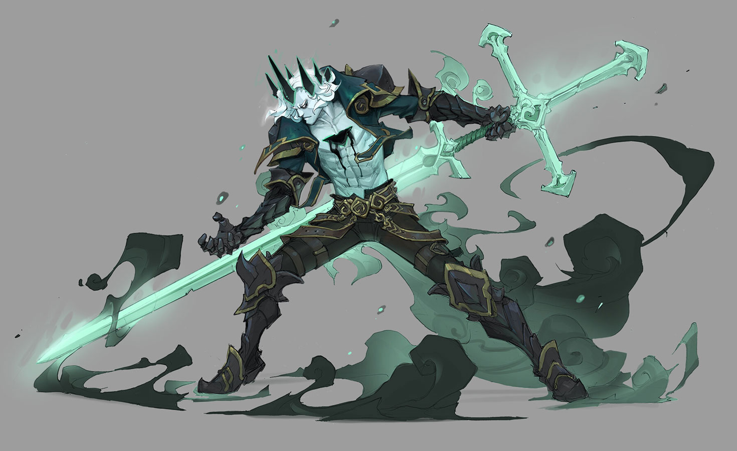 a fantasy character wielding a glowing green and blue sword, with a demonlike appearance, wearing black armor with golden accents, and surrounded by dark green smokelike energy. the character's expression is fierce and focused, conveying a sense of power and determination.