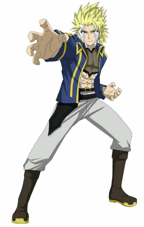 this is an illustration of a young male anime character with blonde hair. he is wearing a blue jacket with gold trim, white pants and brown boots with yellow accents. he is in a fighting stance with his right arm extended forward and his left arm bent at the elbow. he has a serious expression on his face.  the background is white.