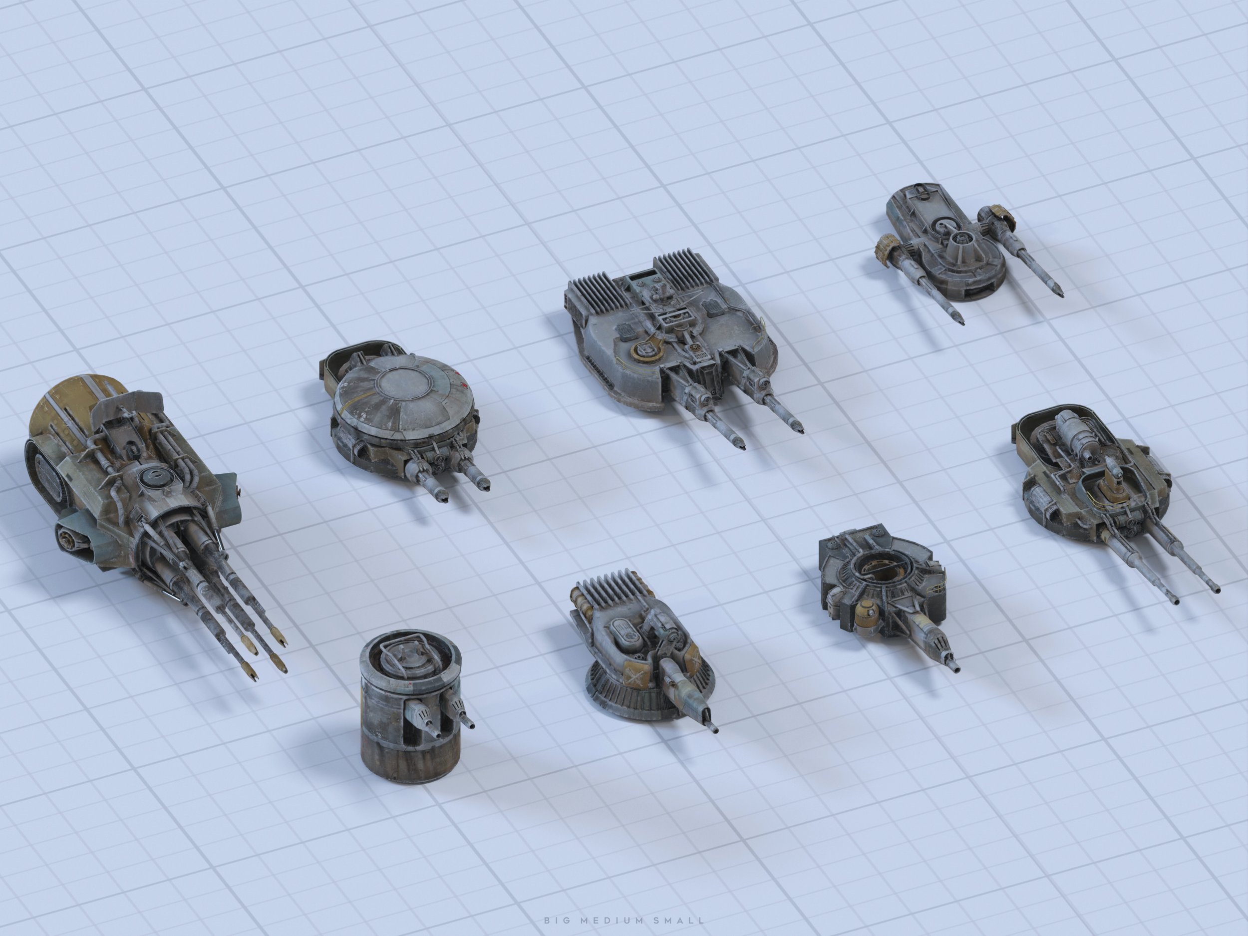 the image is a 3d render showcasing a variety of futuristic spaceship turrets, arranged isometrically on a gridded background. the turrets vary in size and design, labeled as "big, medium, small" indicating a size comparison. each turret is detailed with weathered textures, suggesting use and wear. the overall aesthetic is scifi military, suitable for a video game or other visual media. the image appears to be a design presentation or asset showcase.