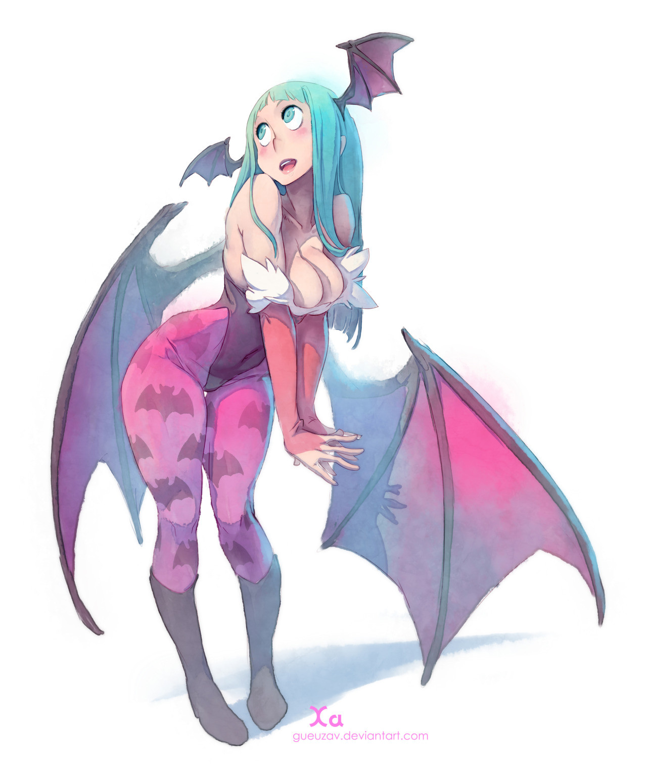this image is a digital illustration of a cute anime girl with bat wings. she is wearing a pink and white outfit, with her long blue hair tied back with a red ribbon. her red eyes are wide open, and she is looking up and smiling. the wings are large and purple, with a faint pink glow.  the background is a soft blue and white, giving the image a whimsical feel. the art style is simple and charming, with a focus on detail and expression.