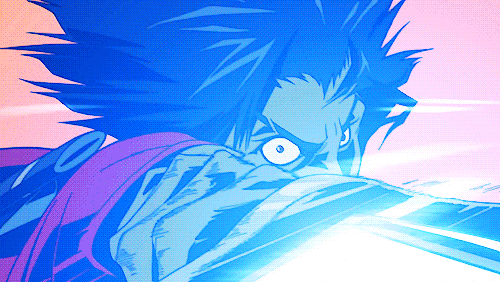 a closeup, stylized illustration from an anime or manga depicting a male character in a fierce fight. the character's face is partially obscured, and his expression is one of intense concentration and effort.  his blue hair is windblown, and a bright blue energy or motion blur surrounds him and his sword. the color scheme is predominantly blue and pink, creating a dramatic and dynamic effect. the style is reminiscent of cyberpunk or graphic novel art.