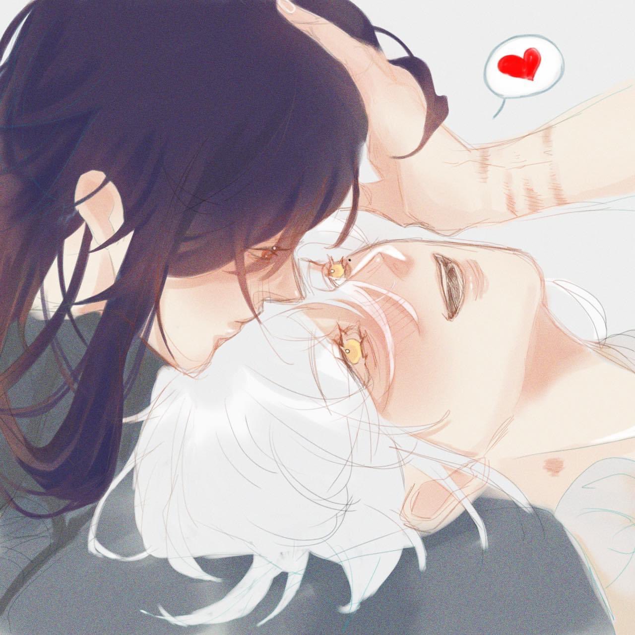 the image is an animestyle illustration depicting a couple. the man with white hair is laying down, looking up at the woman with black hair who is leaning down to kiss him. the man is blushing and smiling, his eyes closed. the woman has her eyes closed as well, and her expression is soft and loving. the overall mood of the image is romantic and tender, suggesting a deep connection and affection between the two characters. the soft lighting and delicate line work add to the gentle and romantic atmosphere.  a small heart floating above the man's head further emphasizes the loving nature of the scene.