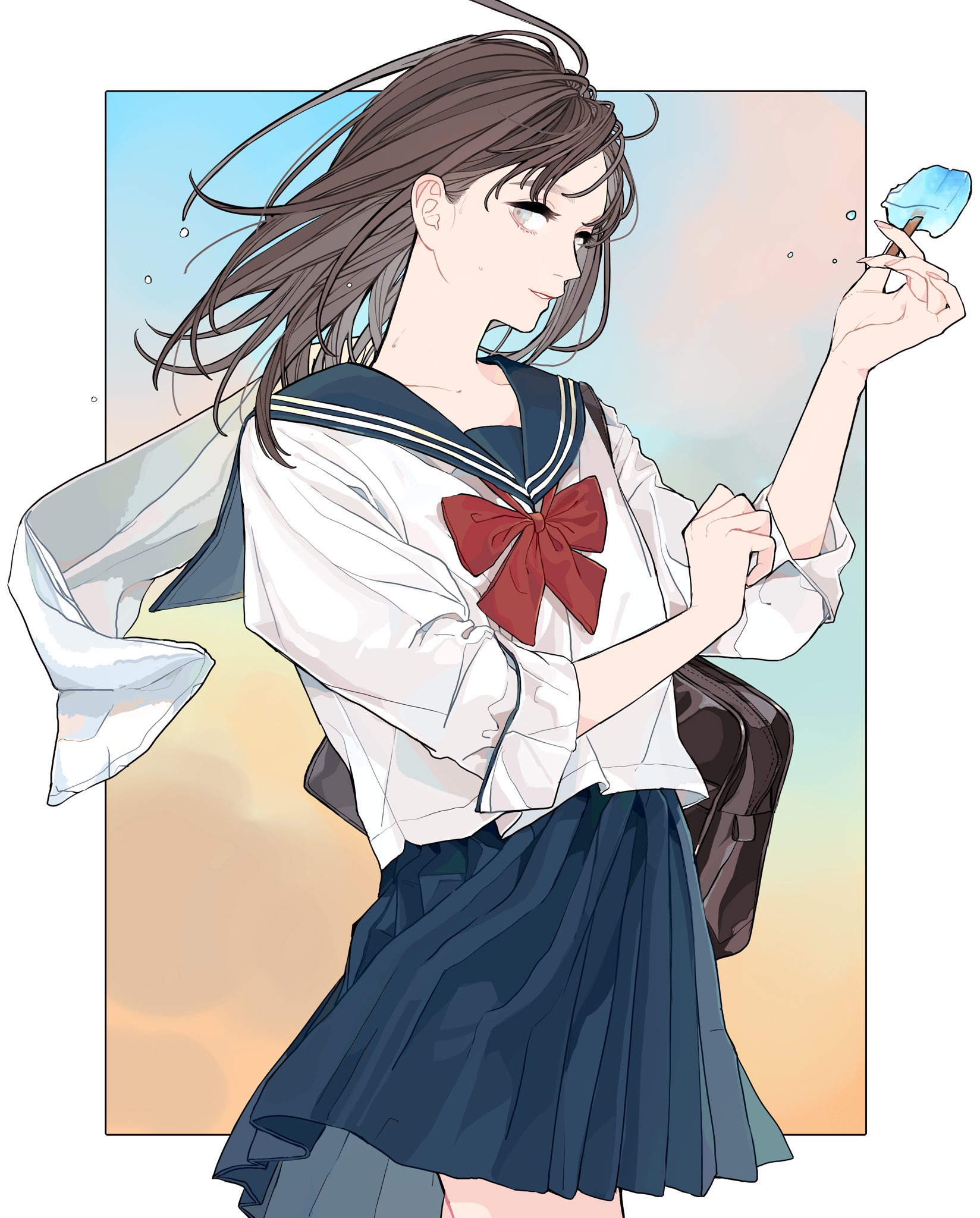 an anime style drawing of a girl in a school uniform holding a blue popsicle. she has brown hair and a white shirt with a dark blue collar and red bow. she also has a dark blue skirt. her hair is blowing in the wind.