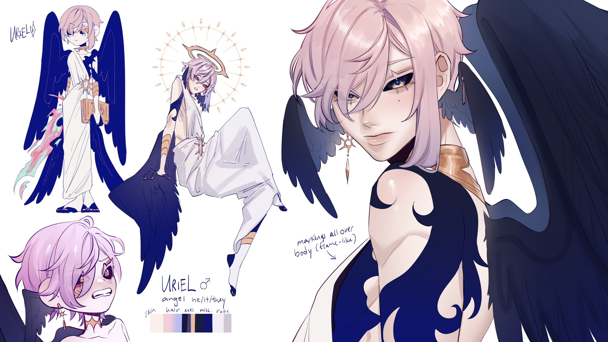 a digital illustration of a male angel. he has light pink hair and light blue eyes, black wings, a halo, and a white robe, with a golden collar. he is depicted with a serious expression. in the corner is a color chart for the character.