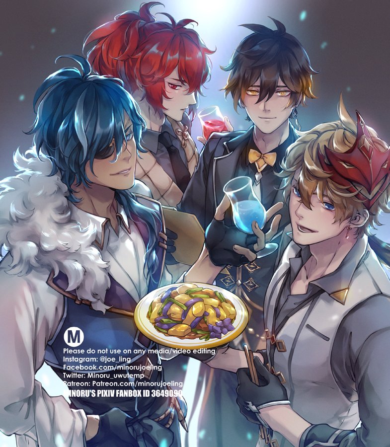 this is a digital illustration of four anime boys standing around a food bowl. one of the boys is in a black suit with a red tie. another is in a black suit with a white tie. one of the boys is wearing a black vest and a white shirt. the last boy is in a black suit with a white shirt and an eyepatch. they are all smiling and looking at the food bowl. the image is set in a room with a grey and blue background.