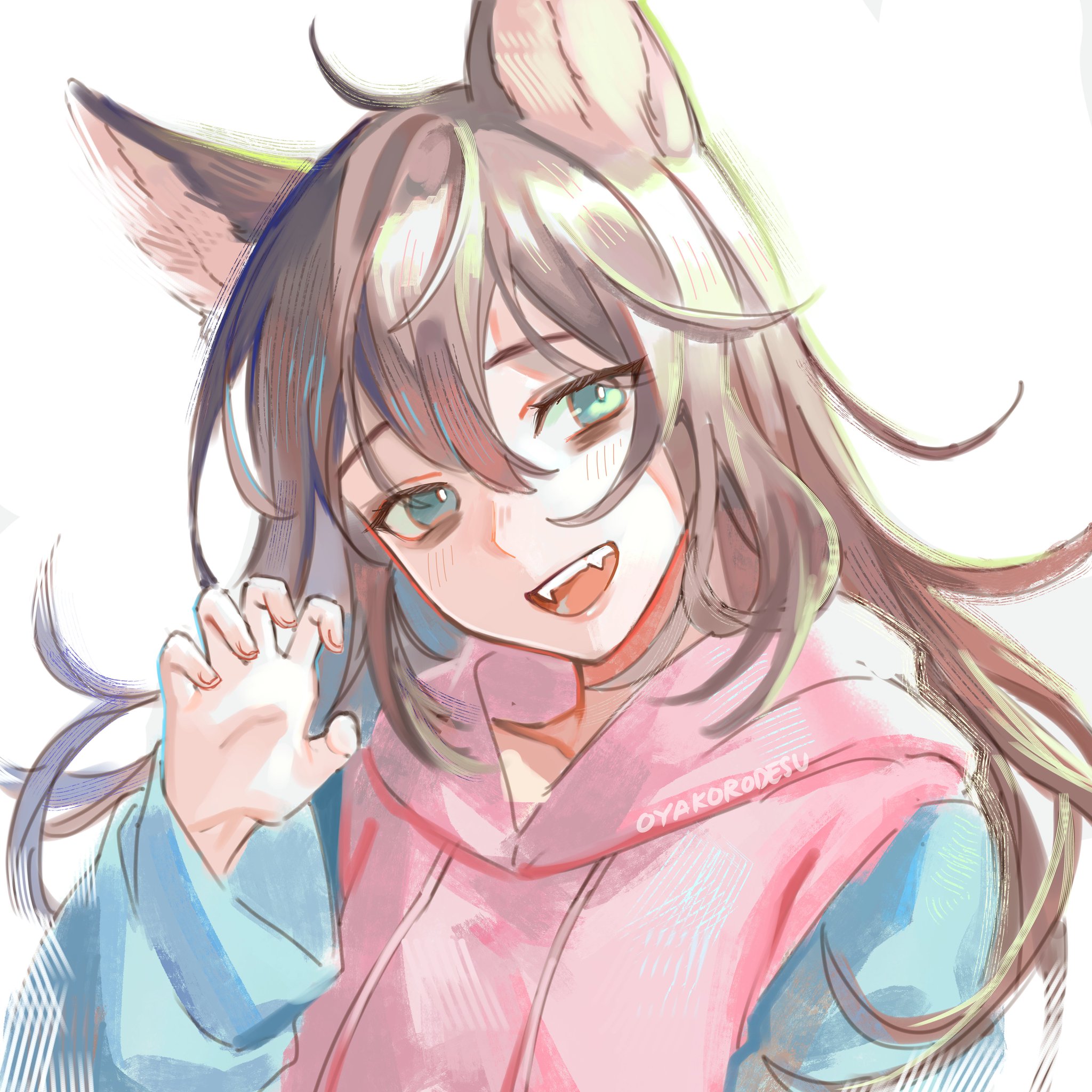 this image is a digital illustration of an anime girl with cat ears. she is wearing a pink hoodie with a blue jacket over it. she is smiling and has her hand raised, as if she is about to pounce. the image is drawn in a cute and playful style, and it is very colorful.