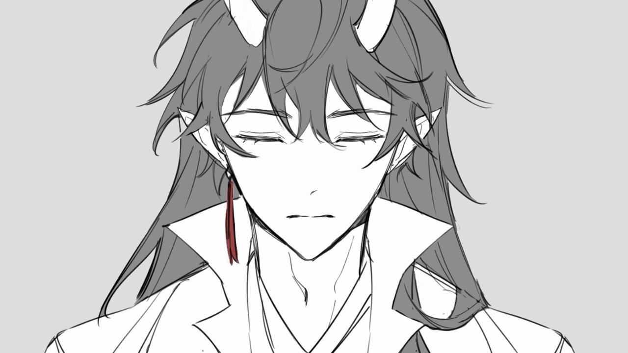 a monochrome sketch of a young man with long black hair and horns. he is wearing an earring. he has his eyes closed and looks peaceful. he has a faint frown on his face. the background is a simple gray.