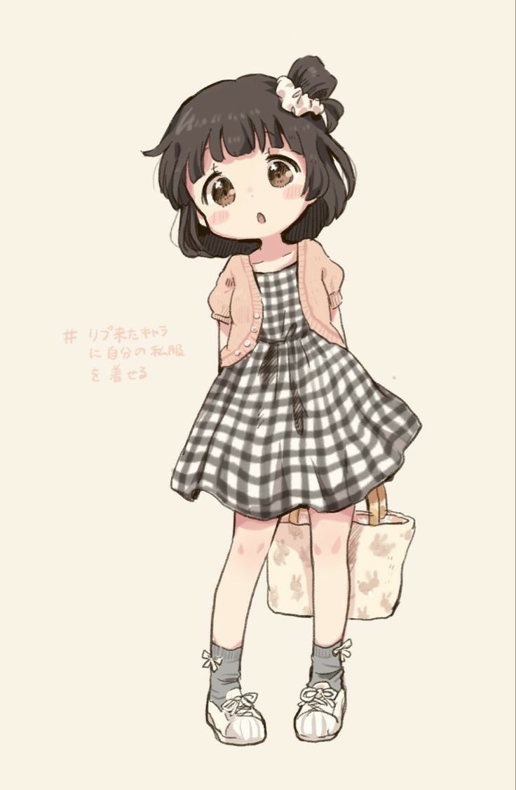 the image is a digital drawing of a cute animestyle chibi girl.  she has brown hair styled with a small bow, large expressive eyes, and is wearing a peachcolored cardigan over a black and white gingham dress. she also has on grey socks and white sneakers and carries a small tote bag with a light pattern. the overall style is soft, sweet, and innocent.  japanese text is present in the background.