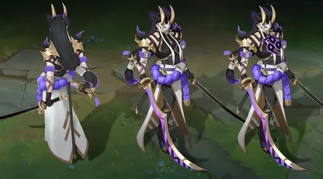 the image showcases three different angles of a concept art design for a yasuo skin in league of legends.  the skin is themed around an oni (demon) samurai, featuring dark and light purple accents, gold trim, and a white and black outfit. the character wields two katanas, one of which has a distinctive curved purple blade. the design incorporates japaneseinspired aesthetics with elements such as a flowing robe,  a mask, and onilike horns. the artwork is detailed and highquality, showcasing the character's design in various poses.
