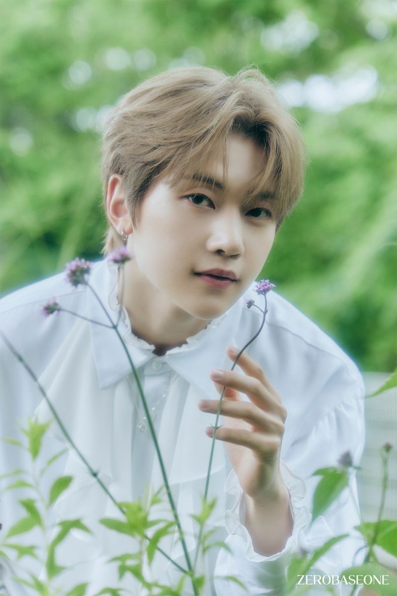 the image features a young man with light brown hair styled with a fringe, wearing a white ruffled shirt. he is partially hidden behind tall, thinstemmed flowers with small purple blooms, and lush green foliage surrounds him. the image evokes a sense of serenity and delicate beauty. he is gazing directly at the viewer, creating a captivating and intimate atmosphere.  the soft, diffused natural lighting enhances the overall ethereal quality of the image.