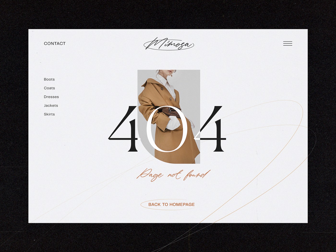 the image displays a website error page with the number "404" in large font and the phrase "page not found" below. the website is designed in a minimalist style, featuring a white background with a single brown coatwearing model in the center. the model is posing with her back to the camera, and the image is framed in a simple white rectangle. the page also includes navigation links for "contact", a list of clothing items, and a button that says "back to homepage". subtle golden lines in the background add a touch of elegance. the image conveys a professional and stylish error page design.