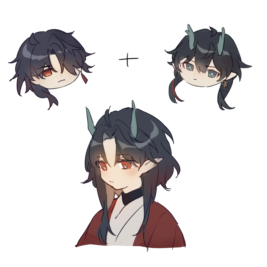 the image shows three anime style drawings. on the top left is a head shot of a character with black hair and red eyes. on the top right is another head shot of a character with black hair, red eyes, and green horns. in the center is a character with black hair, red eyes, and green horns wearing a red kimono. the three characters appear to be different expressions of the same character. there is a plus sign between the top two drawings.