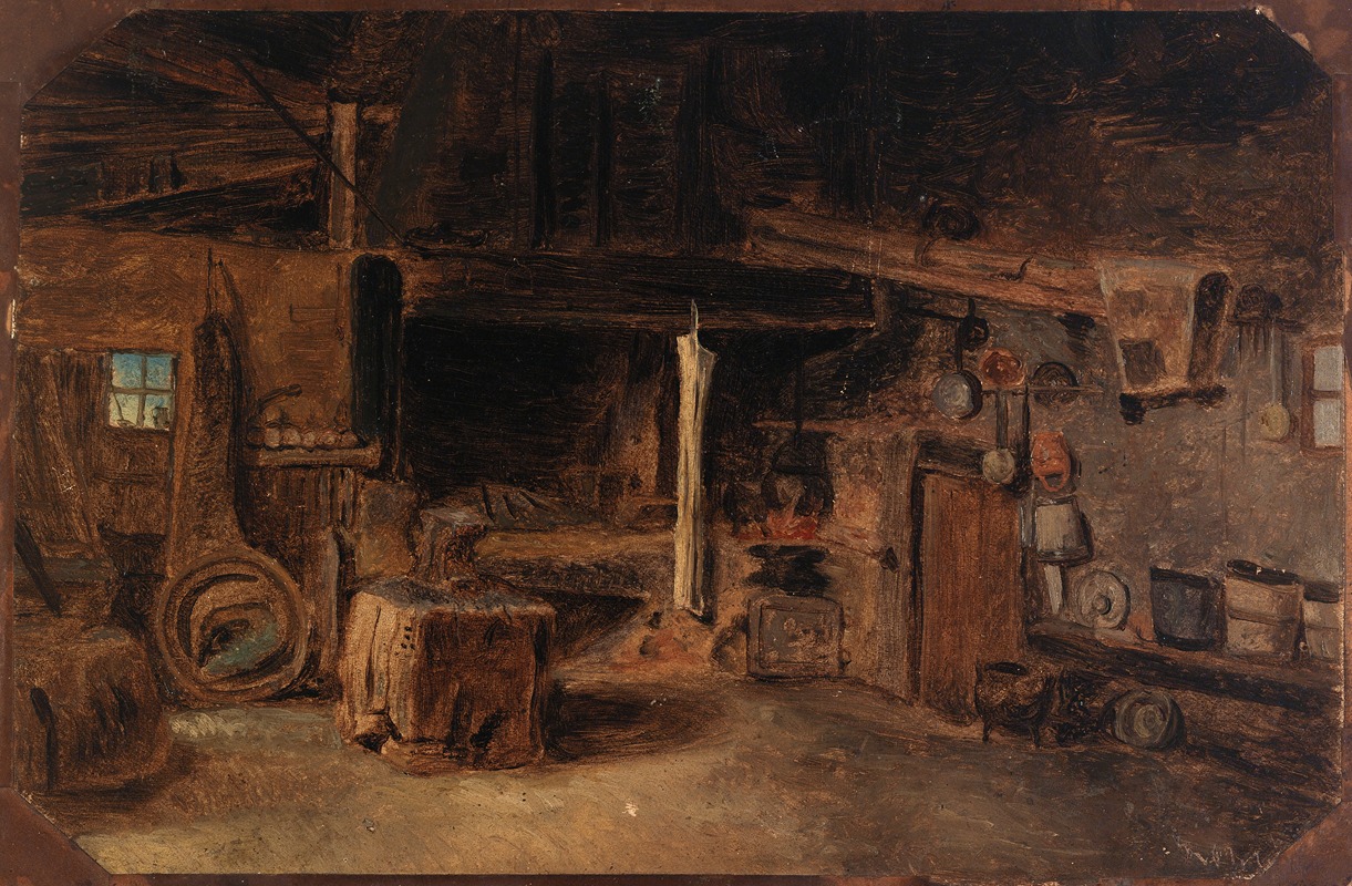 a dark, rustic painting depicts the interior of a blacksmith shop. various tools and objects are scattered around the space, including an anvil, pots, pans, a window, a workbench, a forge, and a fireplace. the overall atmosphere is dimly lit and suggests a scene of industry and craftsmanship.