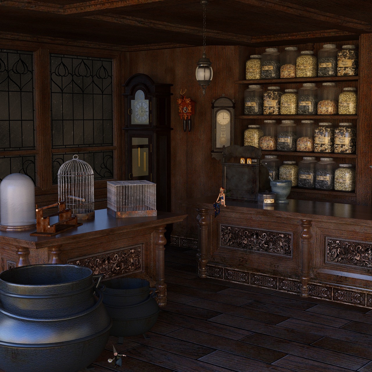 an interior view of a dimly lit potion shop features an array of items associated with apothecary and magic. various sized dark cauldrons sit on the floor. a wooden counter is covered in glass jars with labels, alongside scales, and bird cages. two clocks, a grandfather clock, and a smaller clock adorn the walls. the room has a fantasy atmosphere with dark wooden furniture, and shelves full of ingredients in glass jars.