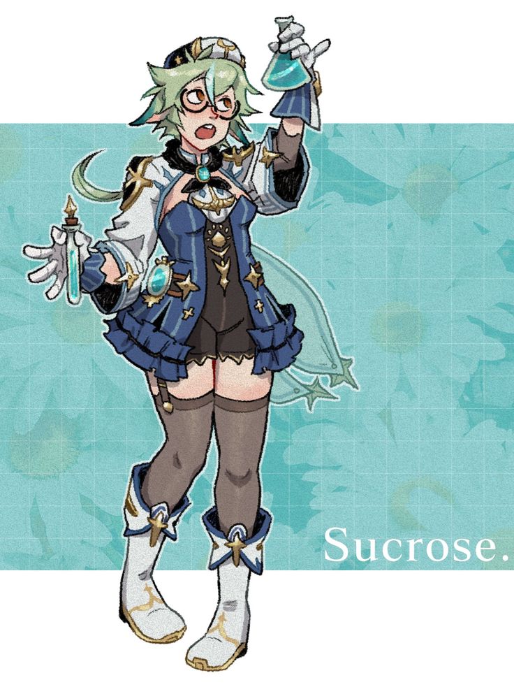 a colorful animestyle illustration of a female character named "sucrose" from the video game genshin impact. she is wearing a blue and white dress with gold accents, holding a potion bottle in one hand and a flask in the other. she is looking up and has an excited expression on her face. there is a blue and white background behind her with the text "sucrose."