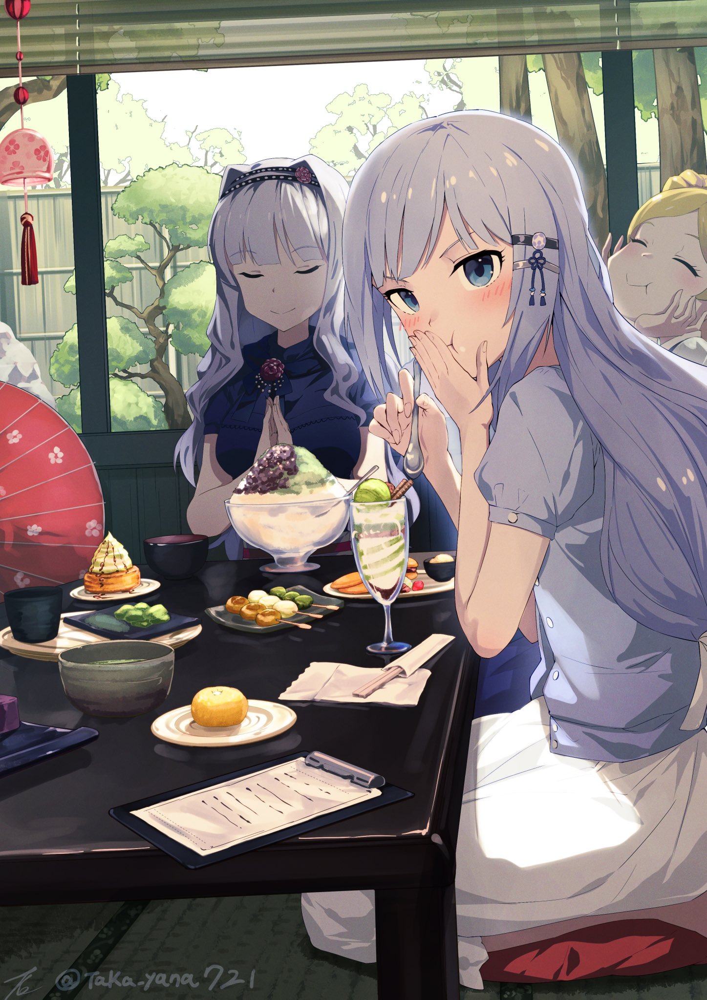 the image is a digital painting or illustration showcasing three animestyled girls enjoying a variety of japanese sweets and drinks at a cafe or restaurant with a garden view. the main focus is on a girl with long, light purple hair who is eating a parfait while covering her mouth with her hand in a cute expression. two other girls with purple hair are seated at the table, one appearing to be calmly enjoying her dessert.  the scene is bathed in soft, warm light, suggesting a pleasant and relaxing atmosphere. the table is laden with various treats, including shaved ice (kakigori), mochi, and other traditional japanese sweets. the setting and attire suggest a summer day. the overall aesthetic is bright, colorful, and detailed.