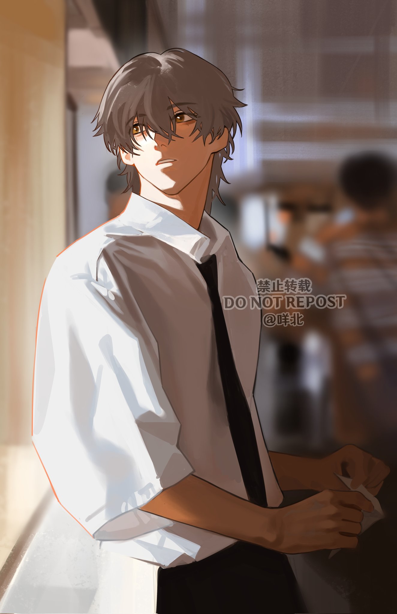 a digital illustration of a young animestyled man wearing a white shirt and black tie, standing in a city setting.  he is looking away from the viewer with a serious expression. the image is lit with light coming from the window.