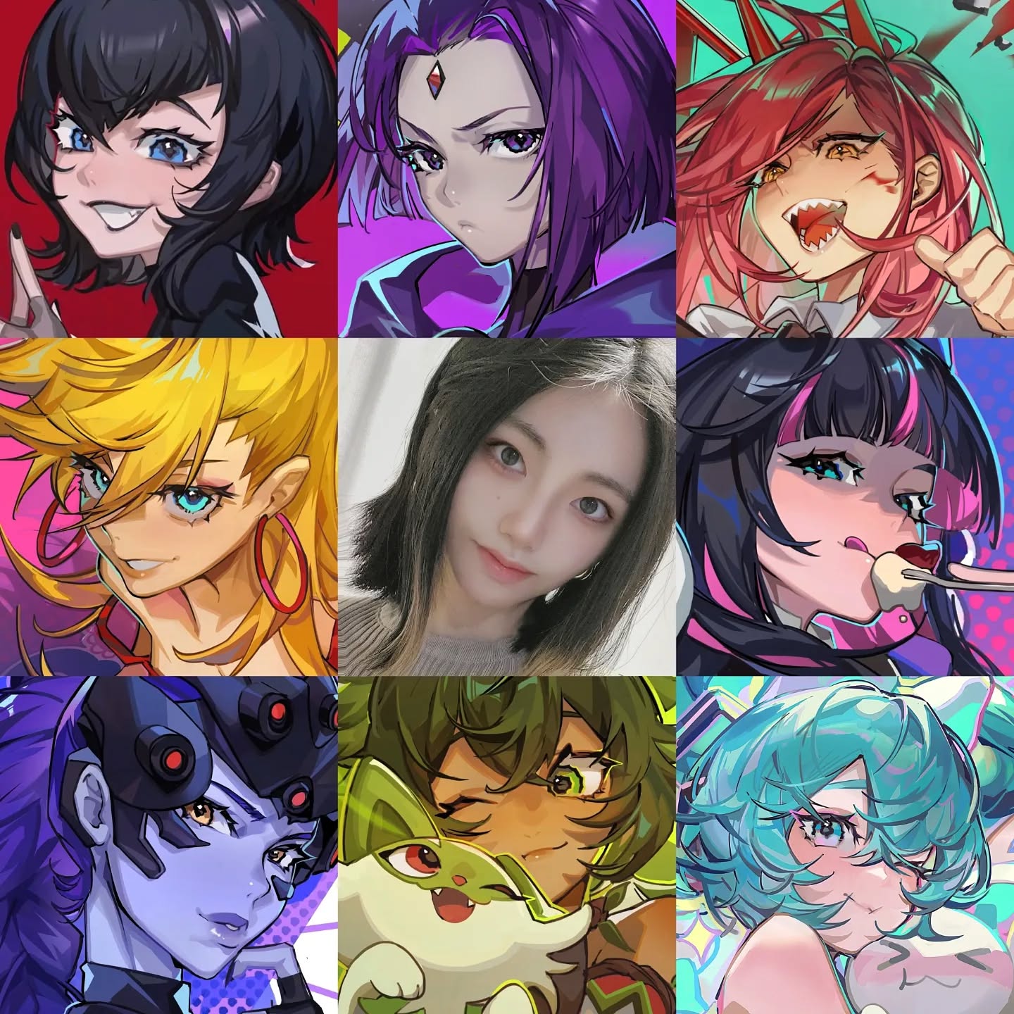 the image is a colorful collage of nine different illustrations. the central image is a photograph of a young asian woman.  surrounding her are eight animestyle portraits of female characters, each with a unique design, style, and personality.  the anime characters show a variety of hair colors, clothing, and expressions, ranging from cute to fierce. the overall style is diverse and vibrant. the collage effectively showcases a range of artistic styles within the anime and manga genre.